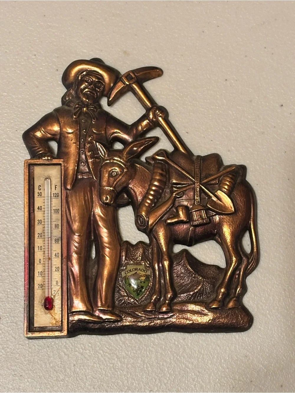 Vintage-Style Souvenir Copper Miner & Mule Wall Thermometer - Colorado